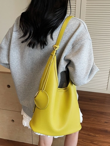 Large Capacity Women Bucket Tote Bag PU Leather Lychee Grain Shoulder Bag With Round Charm Minimalist Vintage Daily Commute Bag