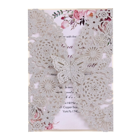 Laser Geschnitten Schmetterling Rose Hohl Hochzeit Einladungskarte Glitzerpapier Grußkarte Mit Umschlag Und Innenseite