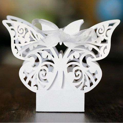 Scatola per Caramelle Matrimonio Farfalla Taglio Laser Elegante Scatola Regalo in Carta Perlata Con Nastro per Bomboniere