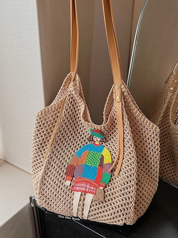 Bolso Tote de Punto de Moda para Mujer Ganchillo de Gran Capacidad Bolso de Hombro Con Bordado de Niña de Dibujos Animados Bolso Hobo Casual Retro