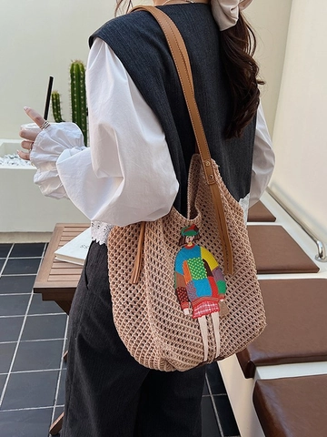 Bolso Tote de Punto de Moda para Mujer Ganchillo de Gran Capacidad Bolso de Hombro Con Bordado de Niña de Dibujos Animados Bolso Hobo Casual Retro
