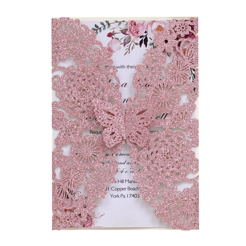 Laser Geschnitten Schmetterling Rose Hohl Hochzeit Einladungskarte Glitzerpapier Grußkarte Mit Umschlag Und Innenseite