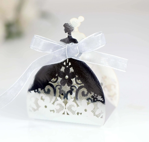 Elegant Laser Cut Hollow Wedding Candy Box Bride Gown Silhouette Pearlescent Paper Gift Box With Ribbon For Party Favors