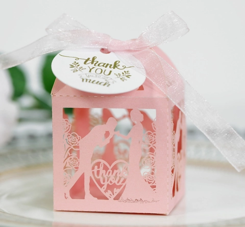 Laser Gesneden Hart Trouwbedankjes Doosje Elegante Roos Snoep Cadeau Doos Met Lint Bedankt Labels Voor Bruiloft Valentijnsdag