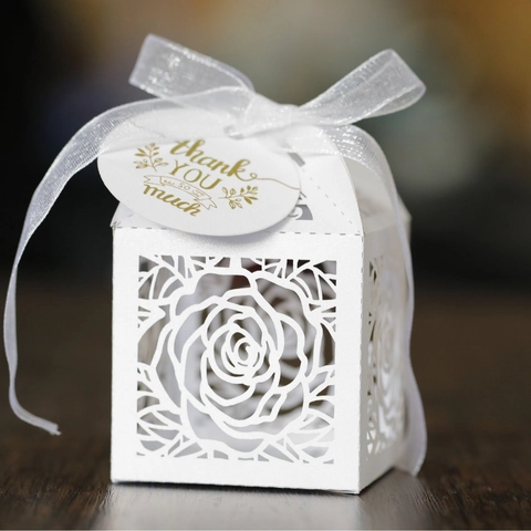 Hollow Out Rose Snoepdoos Lasergesneden Parelmoer Papier Geschenkdozen Met Lint En Thank You Tag Voor Bruiloft Feest Valentijnsdecoratie