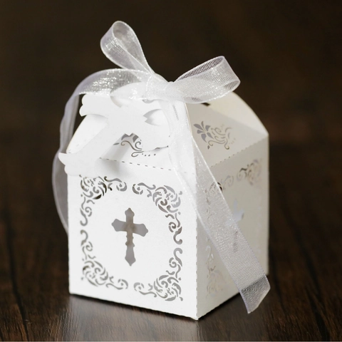 Scatole per Caramelle a Croce Traforate al Laser in Carta Perlata Scatole Regalo per Matrimonio Con Nastri per Battesimo