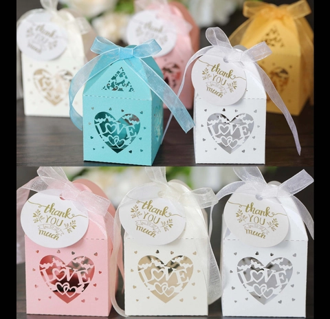 Laser Cut Heart Love Wedding Favor Boxes Ribbon Thank You Tag Candy Gift Boxes For Wedding Party Guest Decor Pearl Paper