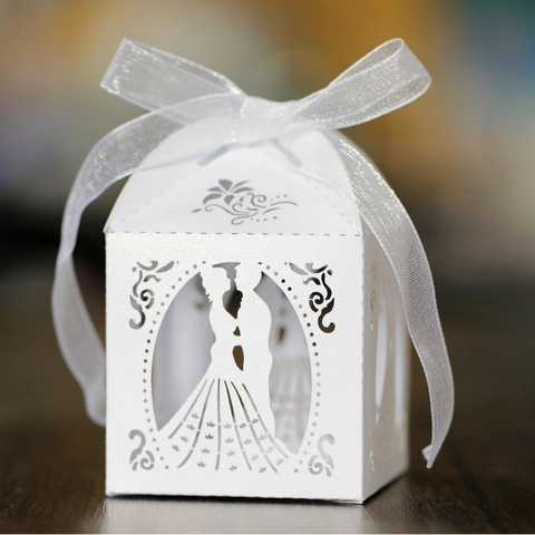 Hohl Laserschnitt Hochzeit Süßigkeitenbox Braut Bräutigam Silhouette Perlmuttpapier Geschenkbox Mit Band Für Hochzeitsfeier