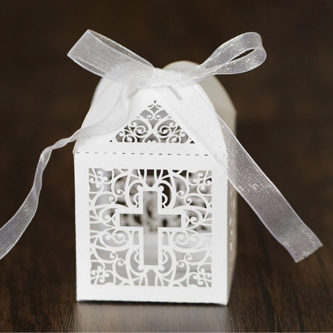 Lasergeschnitten Kreuz Zuckerdose Perlmuttpapier Hochzeit Geschenkbox Religiös Taufe Party Papierschachtel Mit Schleife