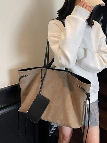 Women Large Capacity Canvas Tote Bag Minimalist Shoulder Bag With Synthetic Leather Straps And Zip Pouch For Commute School