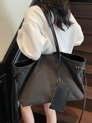 Women Large Capacity Canvas Tote Bag Minimalist Shoulder Bag With Synthetic Leather Straps And Zip Pouch For Commute School