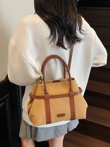 Bolso Tote Retro de Lona y Cuero Sintético con Bloques de Color para Mujer Minimalista Viaje Diario Gran Capacidad Bolso de Hombro