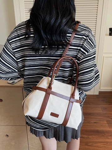 Bolso Tote Retro de Lona y Cuero Sintético con Bloques de Color para Mujer Minimalista Viaje Diario Gran Capacidad Bolso de Hombro