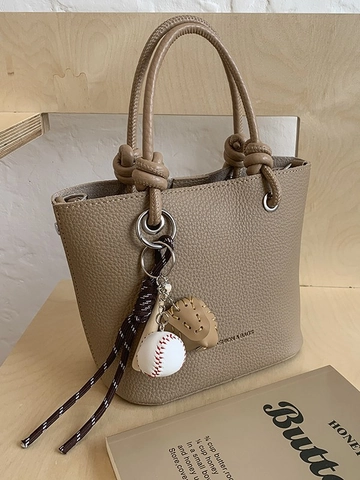 Women Fashion PU Leather Bucket Bag Minimalist Litchi Texture Shoulder Crossbody Bag With Baseball Charm Knotted Handle Tote