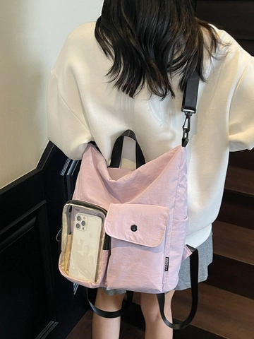 Functional Nylon Large Capacity Backpack For Women Casual Outdoor Travel Bag With Transparent Phone Pocket Multi Pocket Daypack