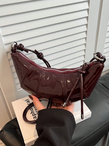 Trendy PU Patent Leather Croissant Bag For Women High Gloss Half Moon Crossbody Bag With Knot Strap Fashion Dumpling Bag