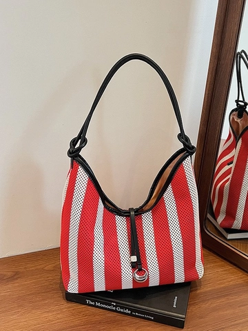 Women Fashion Striped Woven Tote Bag Large Capacity Casual Shoulder Bag With Metal Decoration Minimalist Hobo Bag For Vacation Commute