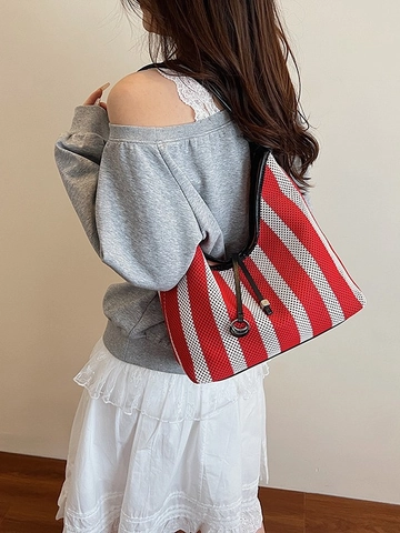 Women Fashion Striped Woven Tote Bag Large Capacity Casual Shoulder Bag With Metal Decoration Minimalist Hobo Bag For Vacation Commute