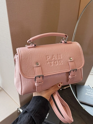 Vintage PU Leather Square Shoulder Bag For Women Retro Debossed Logo Contrast Color Stitching Handbag Fashion Crossbody Bag
