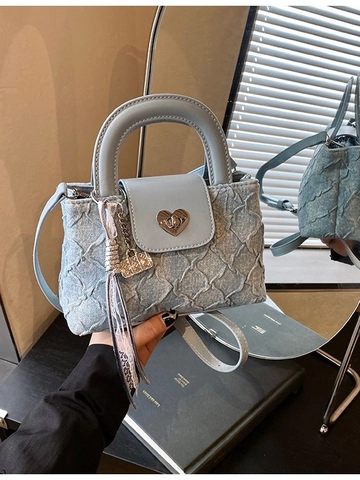 Fashion Denim PU Leather Bucket Bag For Women Vintage Heart Shaped Lock Crossbody Bag Small Handbag With Charms Shoulder Bag