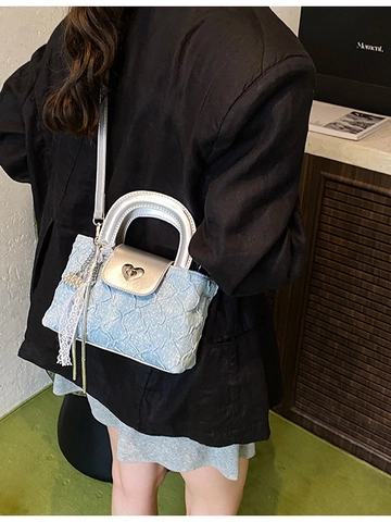 Fashion Denim PU Leather Bucket Bag For Women Vintage Heart Shaped Lock Crossbody Bag Small Handbag With Charms Shoulder Bag
