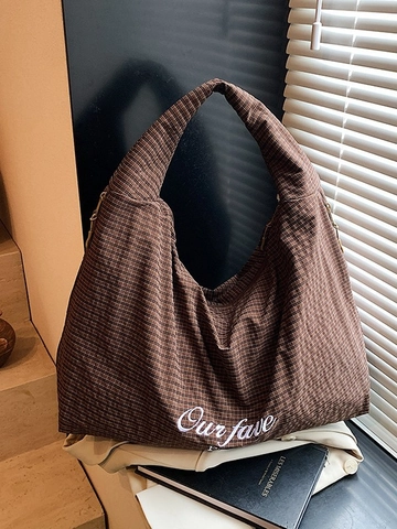 Women Large Capacity Checkered Tote Bag Korean Style Striped Shoulder Bag With Letter Embroidery Casual Canvas Handbag