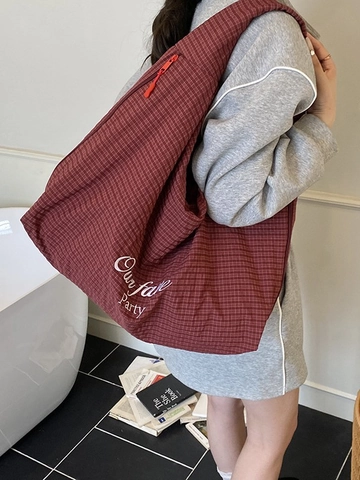 Women Large Capacity Checkered Tote Bag Korean Style Striped Shoulder Bag With Letter Embroidery Casual Canvas Handbag