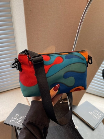 Women's Fashion Abstract Fluid Print Crossbody Bag Fabric Multicolor Small Square Shoulder Bag With Adjustable Wide Strap