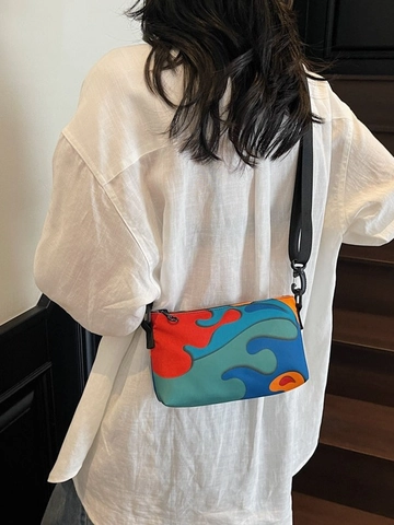 Women's Fashion Abstract Fluid Print Crossbody Bag Fabric Multicolor Small Square Shoulder Bag With Adjustable Wide Strap