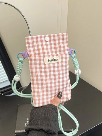 Dames Gingham Geruite Mobiele Telefoontas Polyester Stof Mini Schoudertas Crossbody Tas Met Verstelbare Geweven Riem Voor Dagelijks Gebruik