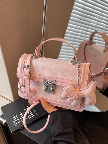 Vintage Jacquard Small Square Bag For Women Advanced Sense Fashion Shoulder Crossbody Handbag With Dog Charm Silver Pink Red