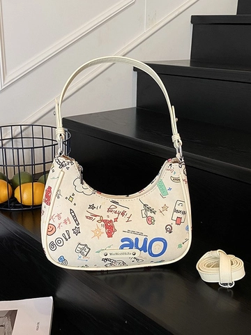 Fashion PU Leather Crescent Underarm Bag Colorful Graffiti Printed Baguette Shoulder Bag Casual Trendy Hand-Drawn Women Bag