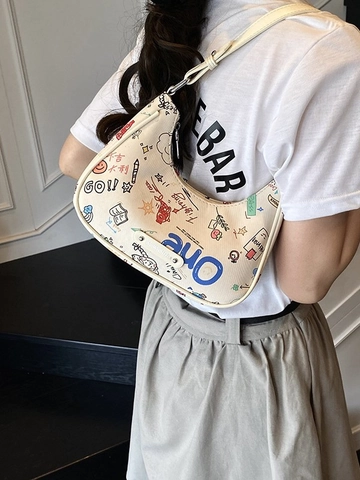 Fashion PU Leather Crescent Underarm Bag Colorful Graffiti Printed Baguette Shoulder Bag Casual Trendy Hand-Drawn Women Bag