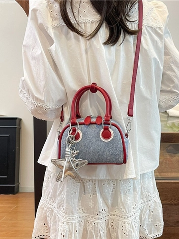 Women Trendy Denim Star Pendant Boston Bag Casual Color Block Shoulder Bag Y2K Small Underarm Handbag With Adjustable Strap