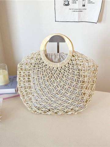 Borsa a Mano in Paglia Intrecciata Traforata da Donna Stile Vacanza Grande Capacità Borsa da Spiaggia Con Manico in Legno e Tasca Interna