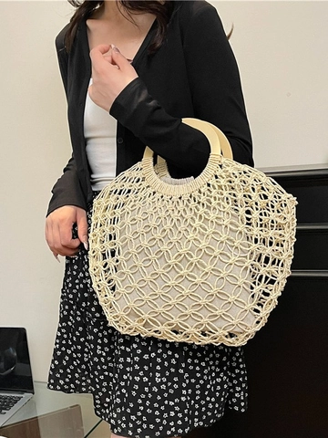 Borsa a Mano in Paglia Intrecciata Traforata da Donna Stile Vacanza Grande Capacità Borsa da Spiaggia Con Manico in Legno e Tasca Interna
