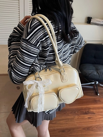Women Large Capacity PU Leather Bowling Bag With Heart Pocket Lace Bow Artificial Pearl Charm Retro Y2K Underarm Shoulder Bag