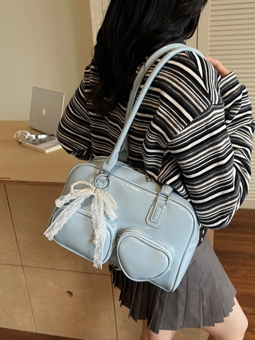 Women Large Capacity PU Leather Bowling Bag With Heart Pocket Lace Bow Artificial Pearl Charm Retro Y2K Underarm Shoulder Bag