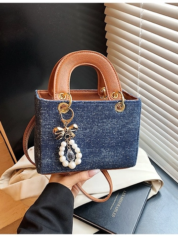Women Vintage Denim PU Leather Handbag Polka Dot Elegant Crossbody Bag Fashion Handheld Bucket Tote Square Satchel Bag Purse