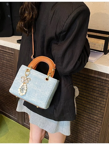 Women Vintage Denim PU Leather Handbag Polka Dot Elegant Crossbody Bag Fashion Handheld Bucket Tote Square Satchel Bag Purse