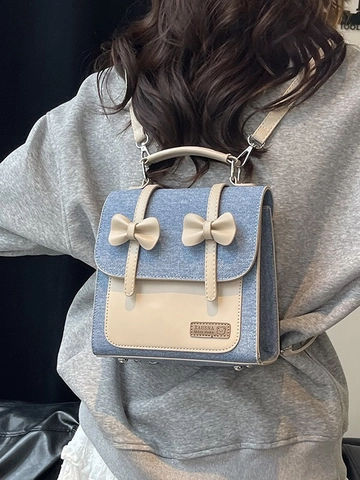 Mini Sac à Dos Rétro en Denim et Cuir PU pour Femmes Patchwork Mode Nœud Décoratif Petit Sac d'École à Main Voyage Filles