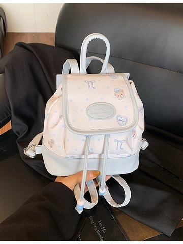 Damen Mini Mode Rucksack Koreanischer Stil Süß Cartoon Bär Hund Druck PU Leder Kordelzug Klappe Kleiner Reise Schulrucksack