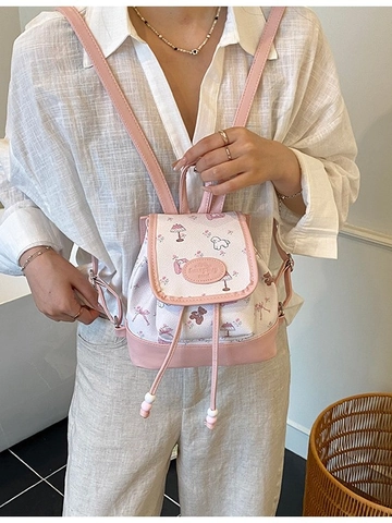Damen Mini Mode Rucksack Koreanischer Stil Süß Cartoon Bär Hund Druck PU Leder Kordelzug Klappe Kleiner Reise Schulrucksack