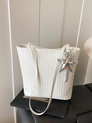 Large Capacity PU Leather Woven Bucket Bag For Women Fashion Simple Shoulder Crossbody Bag With Star Charm Commuter Tote