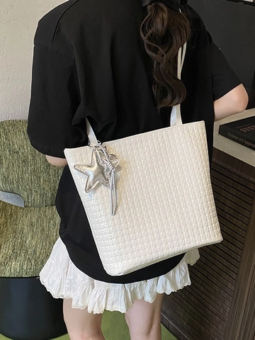 Large Capacity PU Leather Woven Bucket Bag For Women Fashion Simple Shoulder Crossbody Bag With Star Charm Commuter Tote