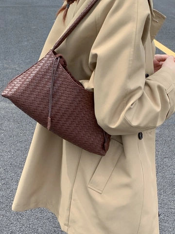 Borsa a Spalla Intrecciata in Pelle PU di Grande Capacità Per Donna Moda Minimalista Borsa Tote Coulisse Hobo