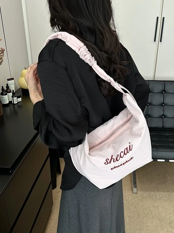 Women Large Capacity Nylon Hobo Bag Casual Pleated Scrunchie Strap Shoulder Crossbody Bag Printed Letter Dumpling Purse