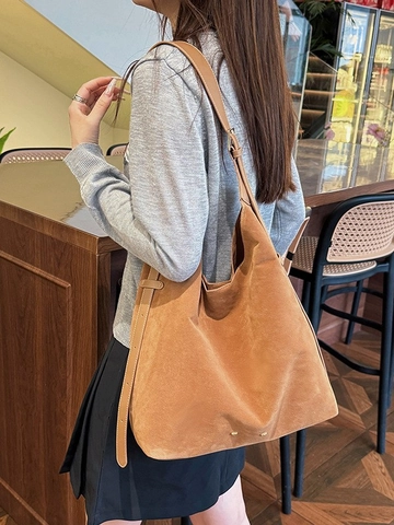 Bolso de Hombro de Gamuza Retro para Mujer Bolso Tote Hobo de Gran Capacidad Bolso de Axila Minimalista Para Conmutar Con Correa Ajustable