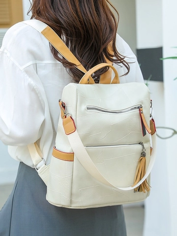 Mode Patchwork PU-Leder Rucksack Für Damen Große Kapazität Quasten-Verzierung Vintage Reisetasche Urban Schule Pendeln Rucksack