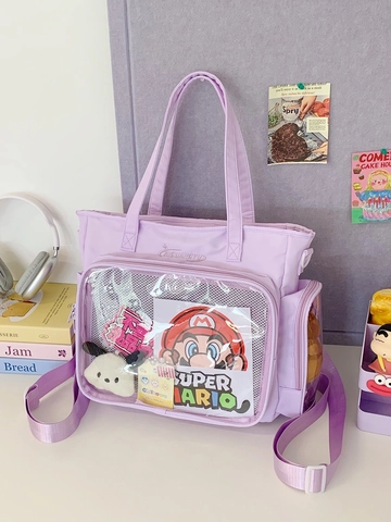 Women Large Capacity Nylon Ita Bag Clear Window Tote Shoulder Bag Handbag Crossbody Bag For Travel School Casual
